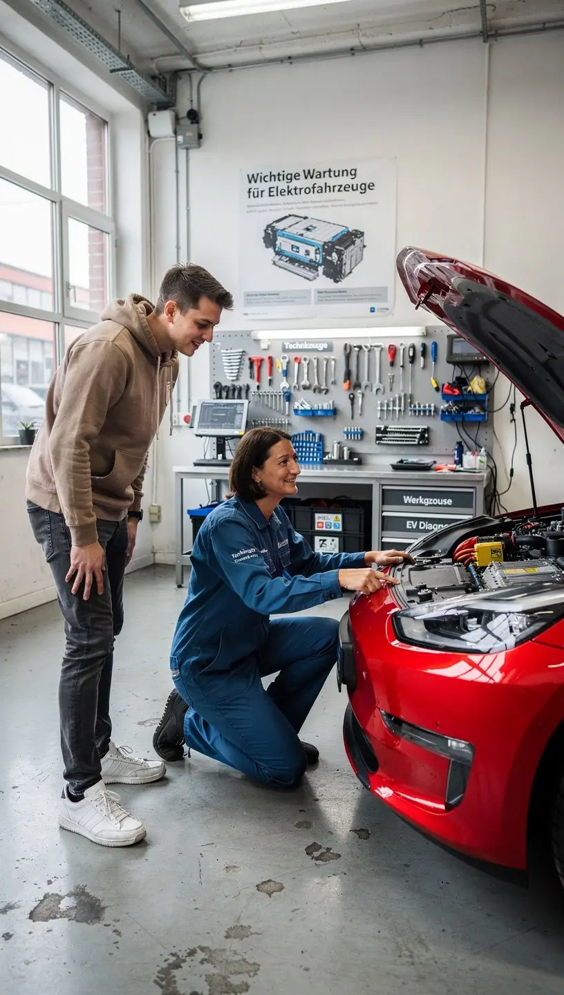 Fachkraft führt Sicherheitsprüfung an einem Elektroauto durch, um Zuverlässigkeit und Leistung zu gewährleisten.